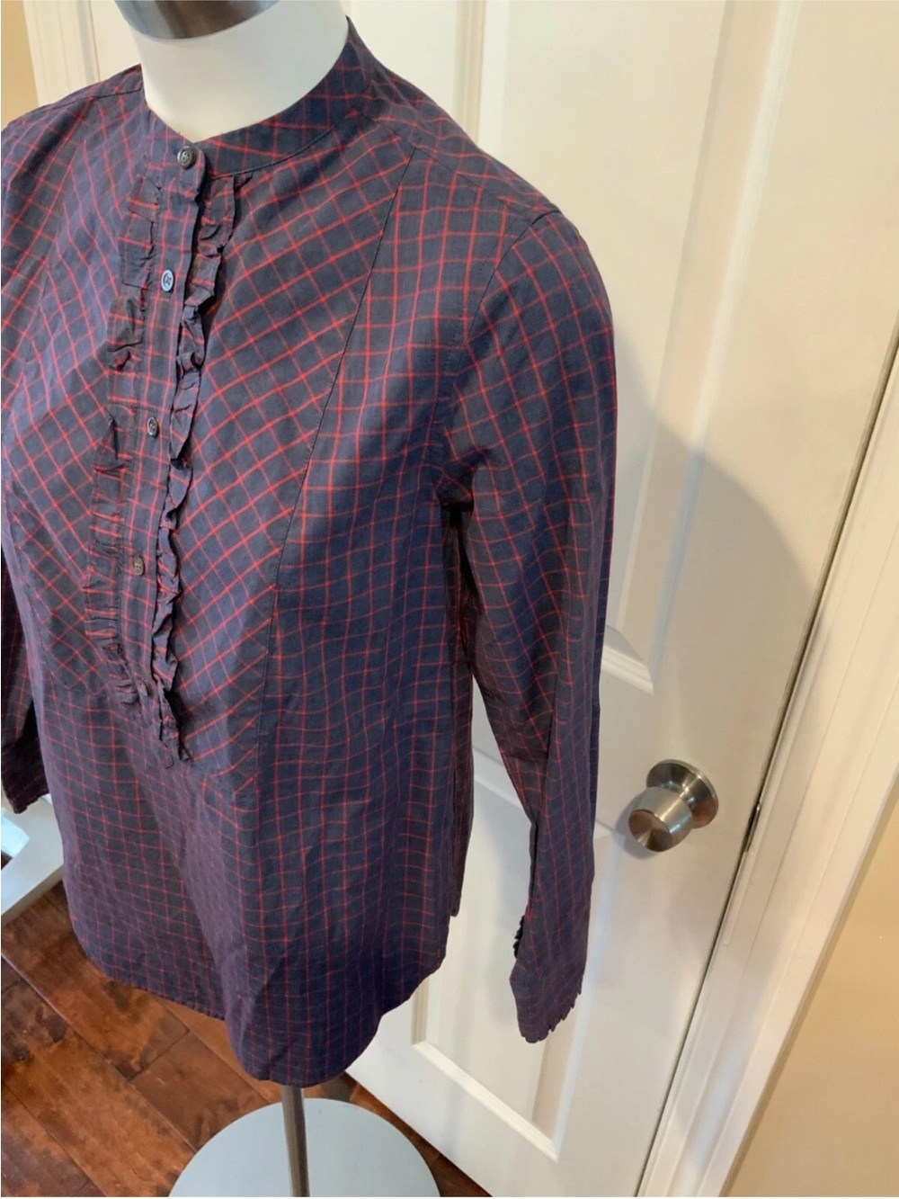 J. Crew Blue/Red Windowpane Plaid Ruffle Placket Pop-Over Shirt, Size 2 - Picture 2 of 5